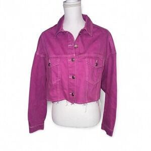 TOPSHOP HOT‎ PINK CROPPED FRAYED DENIM JACKET LADIES SIZE 8